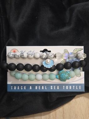 Sea Turtle Stack Bracelet Set - Turquoise, Black & White Beads